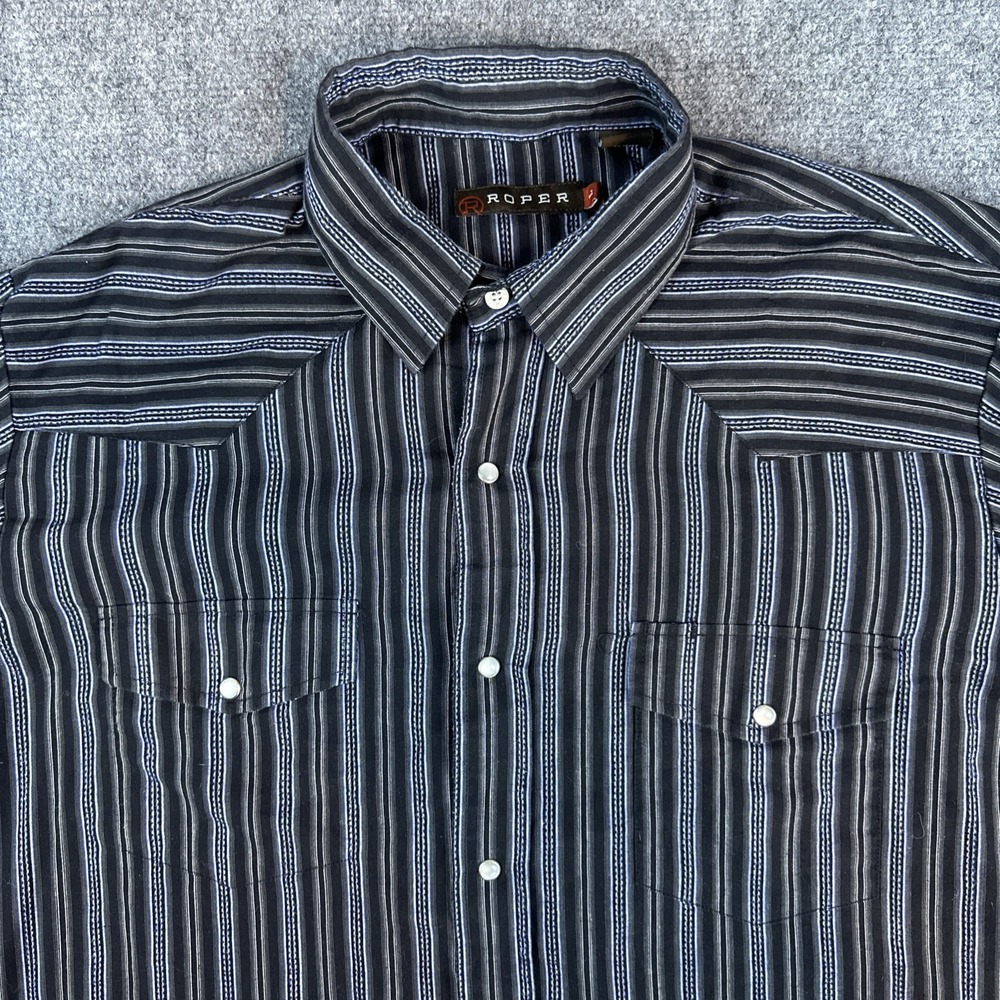 Roper Mens Large Western Snap Shirt Long Sleeve Striped Black Blue‎ Grey Yoke